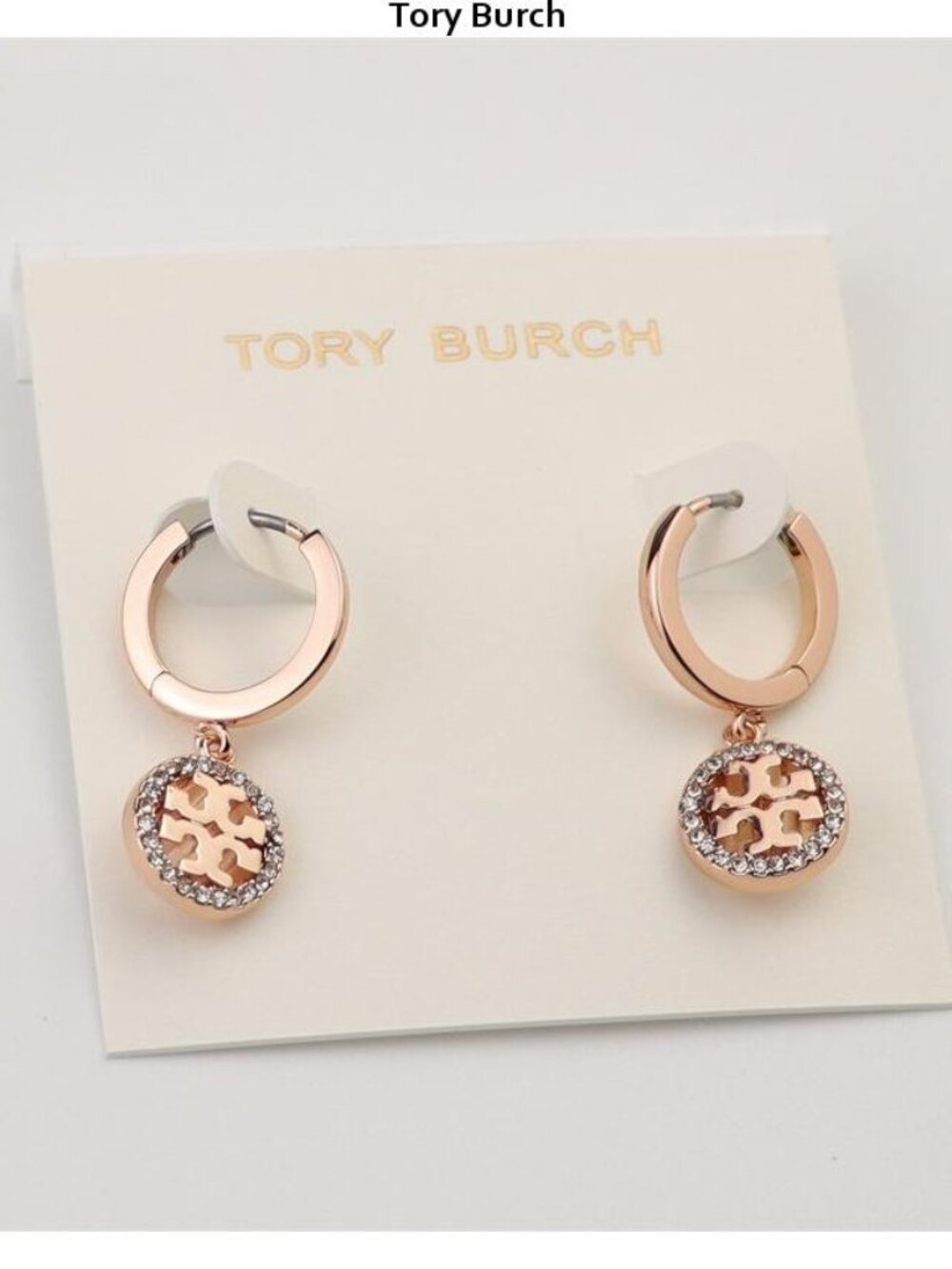 Tory Burch Rose Gold Hoop Earrings with Crystal Logo Drops